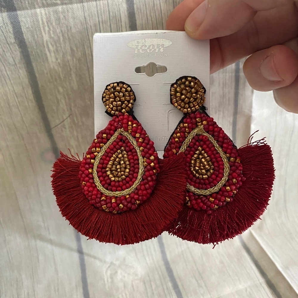 ICON Burgundy Seed Bead With Fringe Post Back Earrings